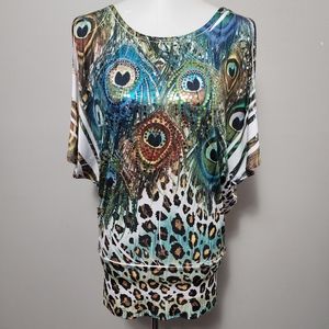 M. Fasis Blue Green Peacock Sublimation Jersey Cold Shoulder Tunic Size Small